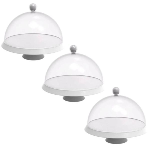 Kit 3 Boleiras Pratos para Bolo com Pé e Tampa 30cm Branco Plástico Crippa