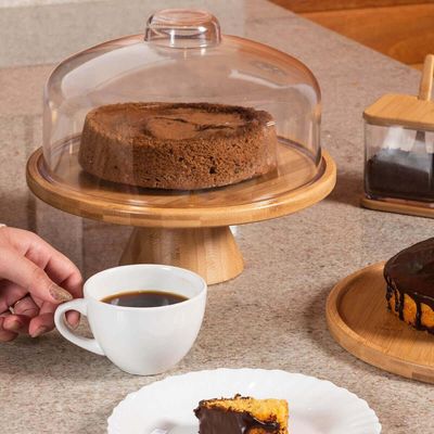 Kit Porta Pão E Boleira Pedestal Bambu Com Tampa Coza Brisa Café da Manhã Mesa Posta