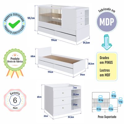 Berço Cama com Cômoda e Gavetões Branco Completa Móveis