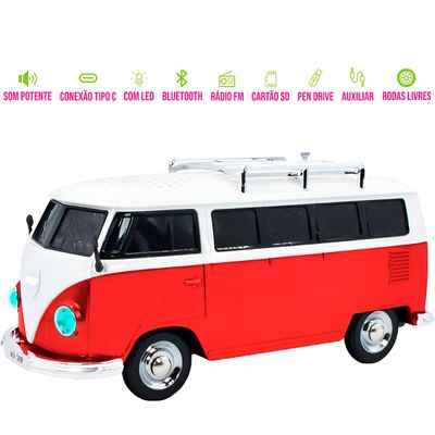 Caixinha de Som Formato Carro Kombi Bluetooth USB Cor:Vermelho