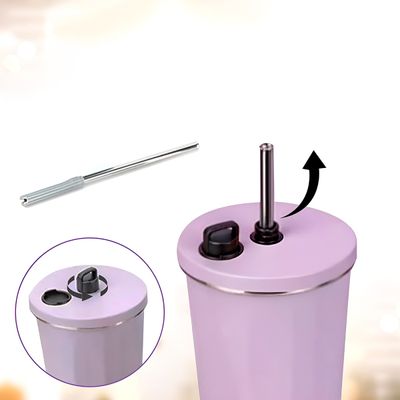 Copo Térmico Aço Inox 600ml com Canudo Água Café Suco Cor:Lilás