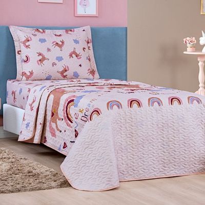 Kit Colcha + Jogo de Cama Bouti Kids Solteiro Infantil 5 Peças 100% Poliéster - Unicórnio