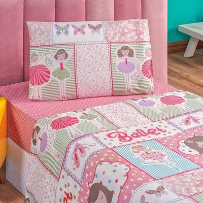Kit Colcha + Jogo de Cama Bouti Kids Solteiro Infantil 5 Peças 100% Poliéster - Ballet