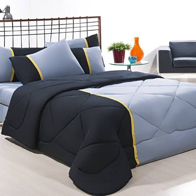 Enxoval Edredom + Jogo De Cama Queen Aconchego Premium 06 Peças - Preto/ Cinza