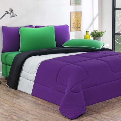 Kit Edredom Malha 100% Algodão Urbano 3 Peças Casal - Roxo/Mescla/Preto