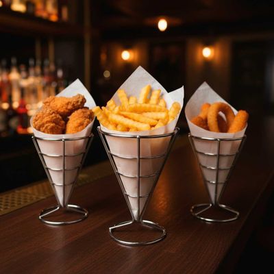 Suporte Cone Fritas Servir Porçoes Petisco Bar Aço Inox 50un
