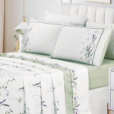 Jogo de Lençol Summer King 4 Peças MicroPercal 300 Fios Estampado Floral - Verde Lavanda