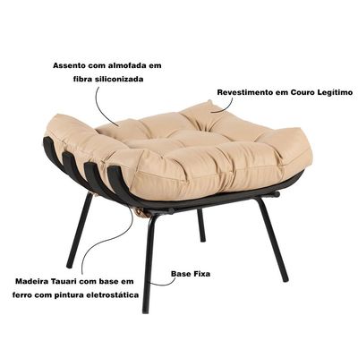 Kit 2 Puff Decorativo Sala de Estar Costela Base Preta Couro Bege - Gran Belo