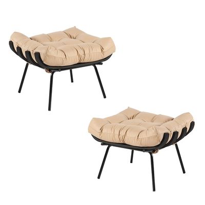 Kit 2 Puff Decorativo Sala de Estar Costela Base Preta Couro Bege - Gran Belo