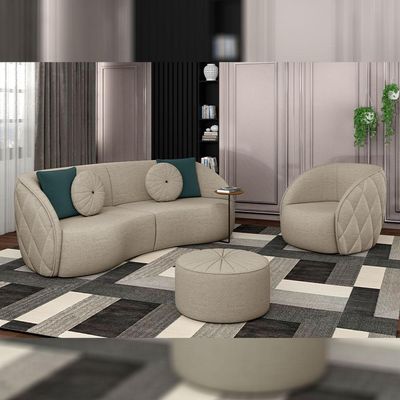 Kit 2 Puffs Decorativos Sala De Estar Round Linho Bege - Gran Belo