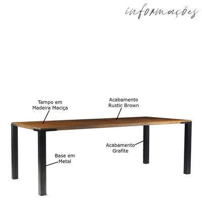 Mesa Sala de Jantar Cozinha Bladel 220cm Grafite Madeira Maciça Rustic Brown - Gran Belo