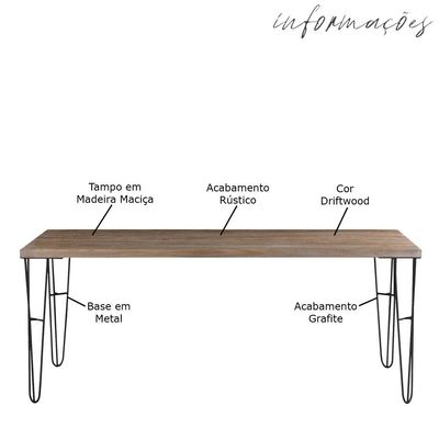 Mesa Sala de Jantar Cozinha Ludiana 160cm Grafite Madeira Maciça Driftwood - Gran Belo