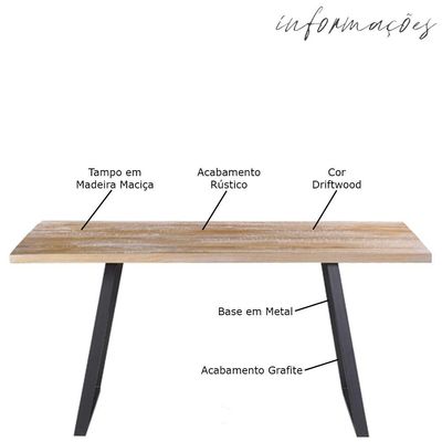 Mesa Sala de Jantar Cozinha Ogleary 160cm Grafite Madeira Maciça Driftwood - Gran Belo