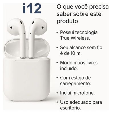 Fone ouvido Branco Recarregável I12 Bluetooth Android