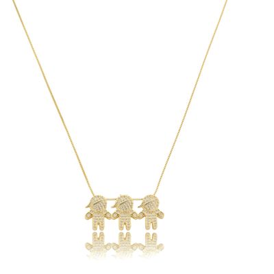 Colar filhos 3 meninos com zirconias banhado em ouro 18k