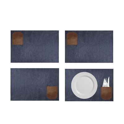 Jogo Americano Jeans Bolso Couro e Caminho Mesa Ponteira 5un