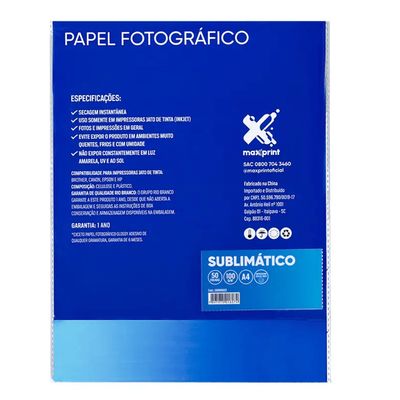 Papel Fotográfico Sublimático A4 100G 50 Folhas Maxprint