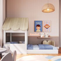 Cama Infantil Montessoriana Casinha Branca e Carvalho Completa Móveis