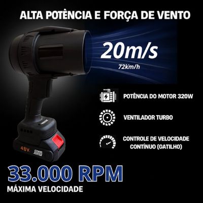 Soprador de Ar Turbo Portátil 48v Recarregável 02 Baterias