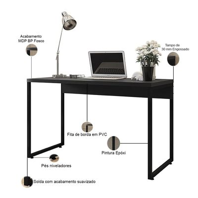 Mesa Para Escritório e Home Office Industrial Soft F01 Preto Fosco - Lyam Decor