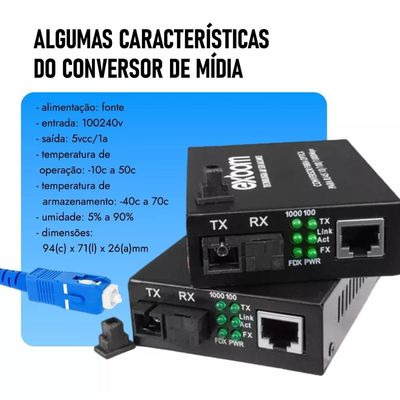 Par de Conversor Mídia Fibra Óptica A+B para RJ45 Gigabit 1000Mbps