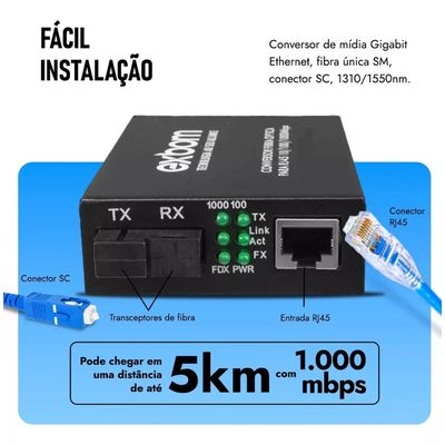Par de Conversor Mídia Fibra Óptica A+B para RJ45 Gigabit 1000Mbps