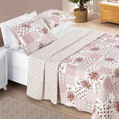 Colcha Ayla Casal Padrão Tecido Dupla Face Microfibra 03 Peças - Rosa Floral Matura