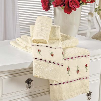 Jogo de Banho Toalhas Yasmin 5 Peças 100% Algodão 320g/m² Suave Floral - Palha