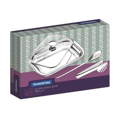 Kit para Assar e Servir Tramontina Cosmos em Aço Inox com Tampa de Vidro 3 Peças