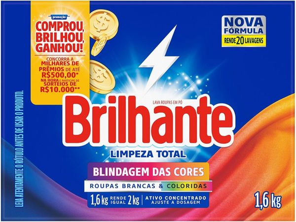 Sabão Em Pó Brilhante Limpeza Total Roupas Brancas e Coloridas 1,6 Kg