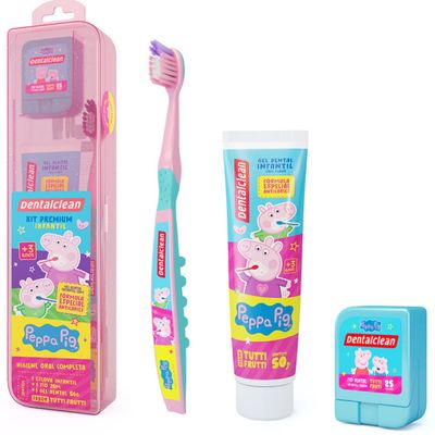 2 KIT PREMIUM ROSA - PEPPA PIG - ESCOVA + FIO DENTAL + GEL