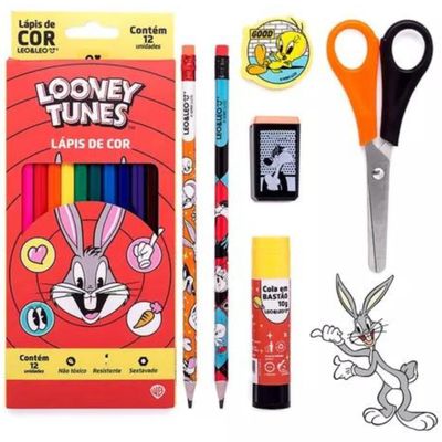 KIT ESCOLAR LAPIS DE COR 12 CORES LOONEY TUNES CAIXA LEOELEO
