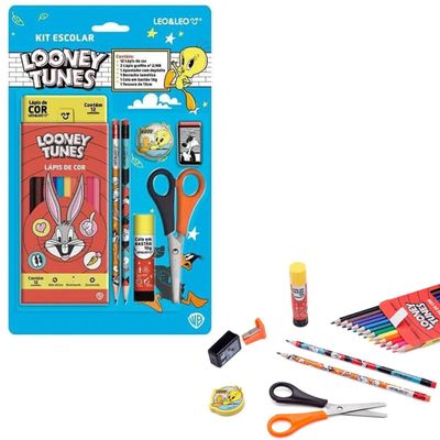 KIT ESCOLAR LAPIS DE COR 12 CORES LOONEY TUNES CAIXA LEOELEO