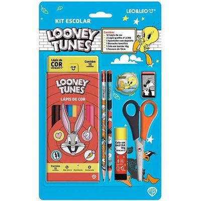 KIT ESCOLAR LAPIS DE COR 12 CORES LOONEY TUNES CAIXA LEOELEO