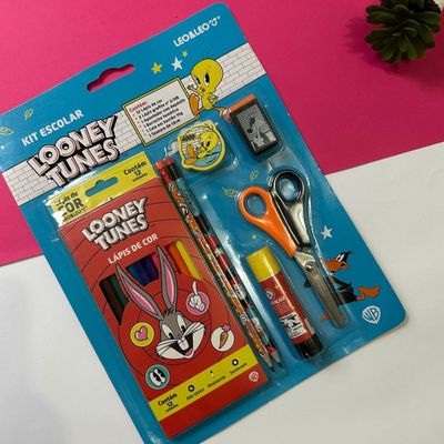 KIT ESCOLAR LAPIS DE COR 12 CORES LOONEY TUNES CAIXA LEOELEO