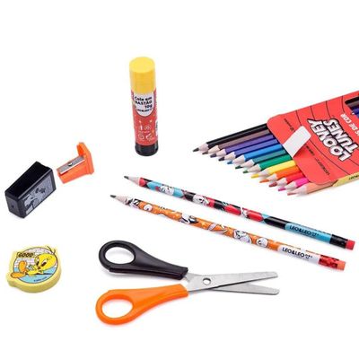 KIT ESCOLAR LAPIS DE COR 12 CORES LOONEY TUNES CAIXA LEOELEO