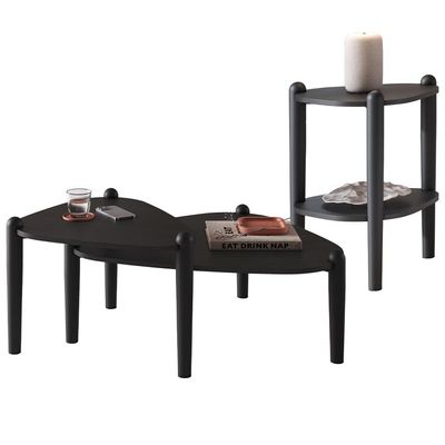 Kit 02 Mesas de Centro e 01 Mesa Lateral Pés Madeira Trium A03 Nero Preto - Lyam Decor