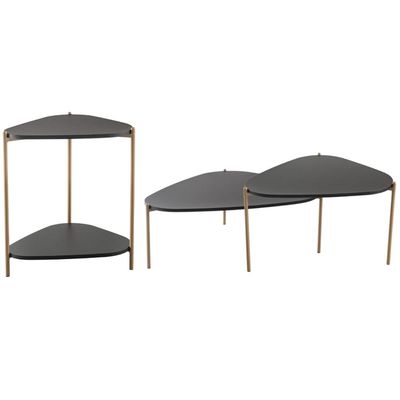 Kit 02 Mesas de Centro e 01 Mesa Lateral Pés Metálicos Adek A03 Nero Dourado - Lyam Decor