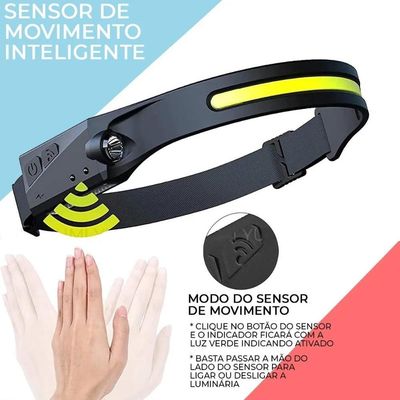 Lanterna de Cabeça LED COB à Bateria Recarregável com Sensor de Presença