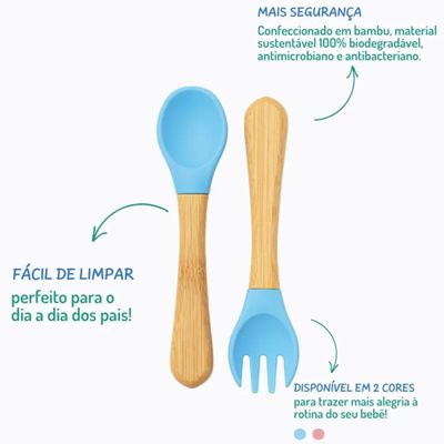 KIT TALHER INFANTIL DE BAMBU E SILICONE AZUL - PETIT PIÁ