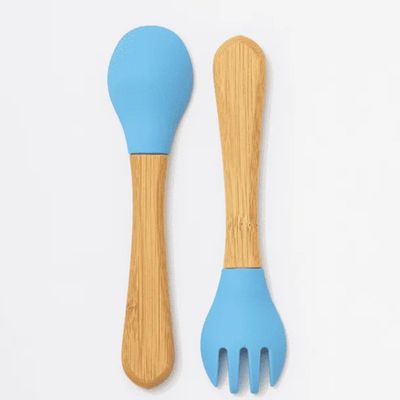 KIT TALHER INFANTIL DE BAMBU E SILICONE AZUL - PETIT PIÁ