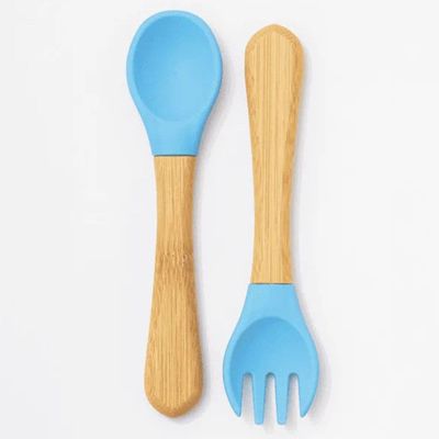 KIT TALHER INFANTIL DE BAMBU E SILICONE AZUL - PETIT PIÁ