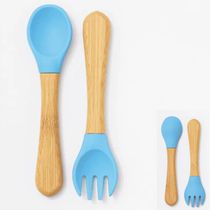 KIT TALHER INFANTIL DE BAMBU E SILICONE AZUL - PETIT PIÁ