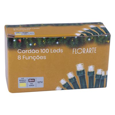 Cordão 100 LEDs Fio Verde com 8 Funções 127V Branco Quente 8m D&A UNICA
