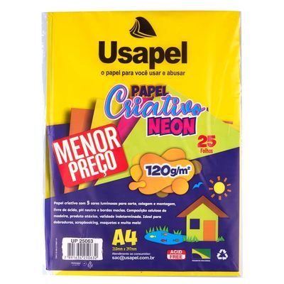 Bloco Criativo Usapel Neon A4 com 25 Folhas em 5 Cores 210x297mm 120g UNICA