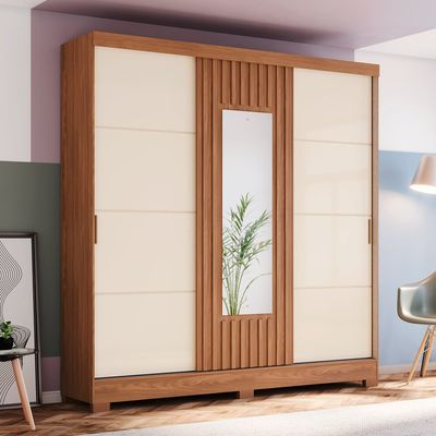 Guarda-Roupa 3 Portas de Correr com Espelho B376 Henn Nature/Offwhite