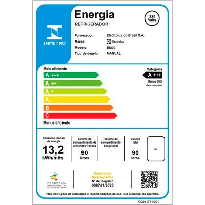 Frigobar EM90 1 Porta 90 Litros Electrolux Branco / 220V