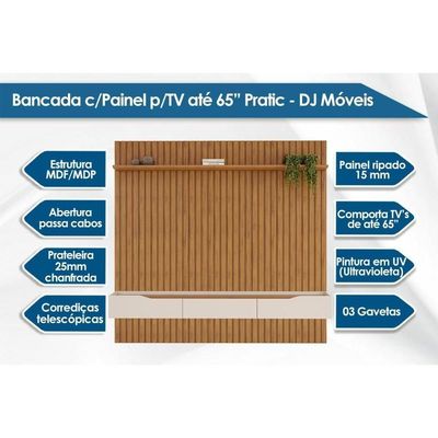 Estante P- Sala Até 65 Pol Pratic Ripado C- 3 Gavetas 223x240cm Bali - Dj Móveis