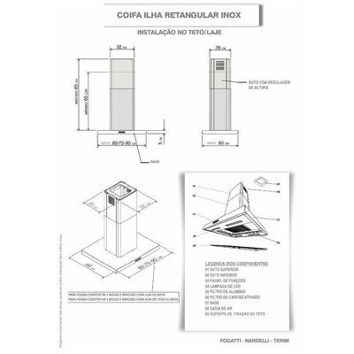 Coifa Ilha 90cm Retangular Terim Inox 110V