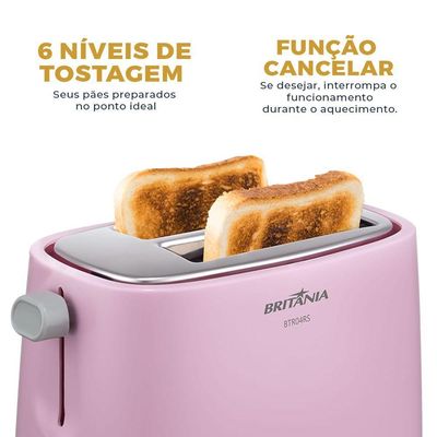 Torradeira Rosa Britânia 6 níveis de Tostagem 750W BTR04RS 220V